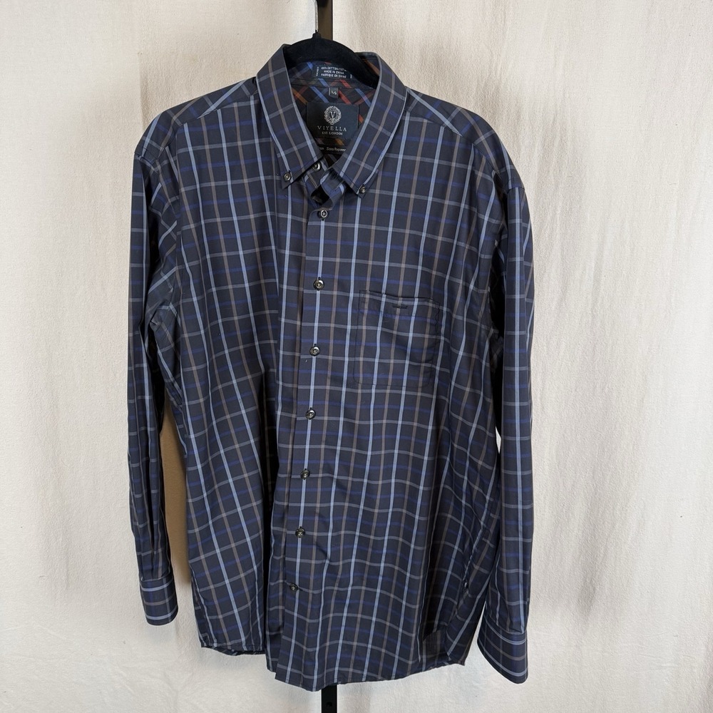 Viyella Button Up Shirt Mens Large Long Sleeve Non Iron Cotton Blue Brown Plaid‎